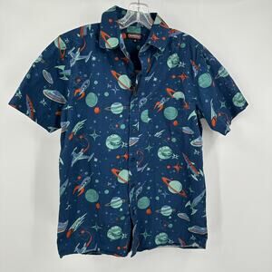 Run & Fly Mens Button‎ Up Shirt Size M Planets Rockets Spaceships UFOs Navy Blue